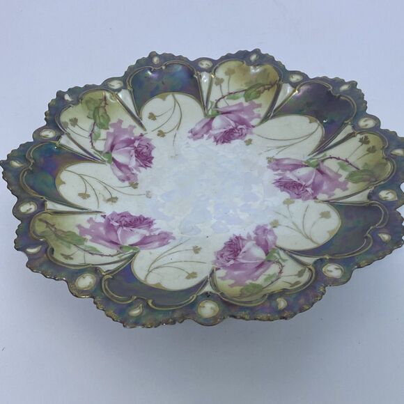 Vintage Hand-Painted Floral Porcelain Plate Pink Roses Scalloped Edge Iridescent - Picture 12 of 13